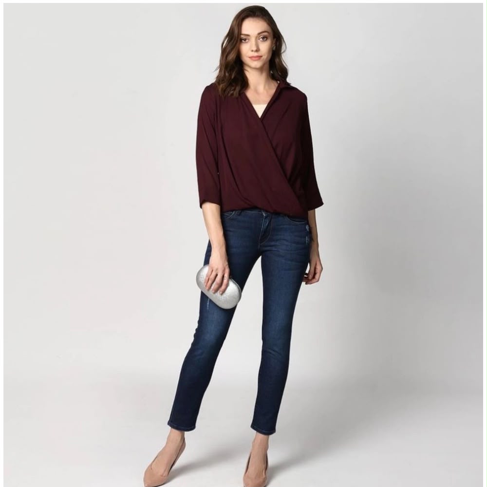 Maroon Wrap-Front Collared Top