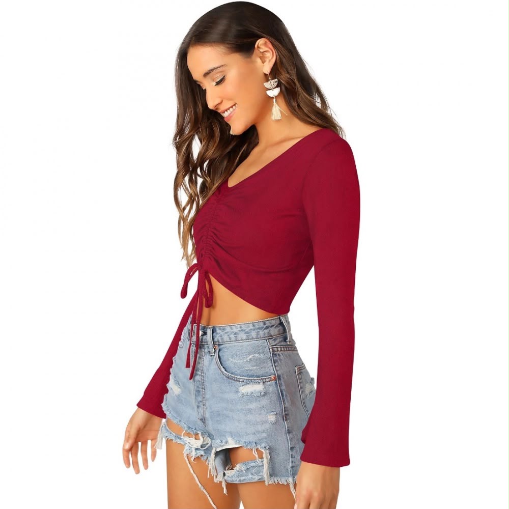 Maroon Ruched Drawstring Bell-Sleeve Crop Top
