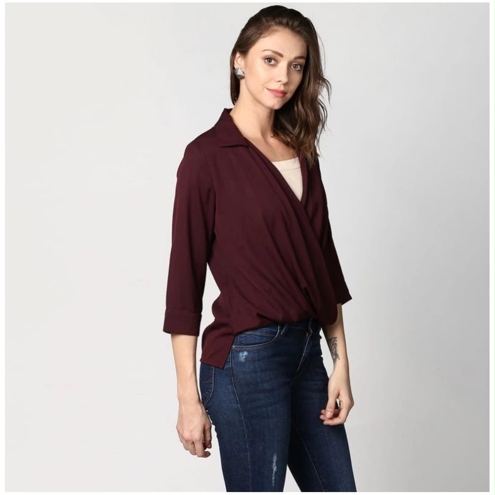 Maroon Wrap-Front Collared Top