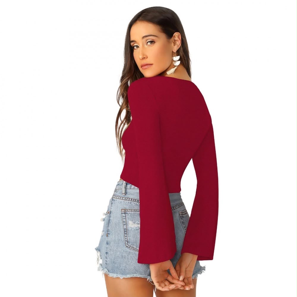 Maroon Ruched Drawstring Bell-Sleeve Crop Top