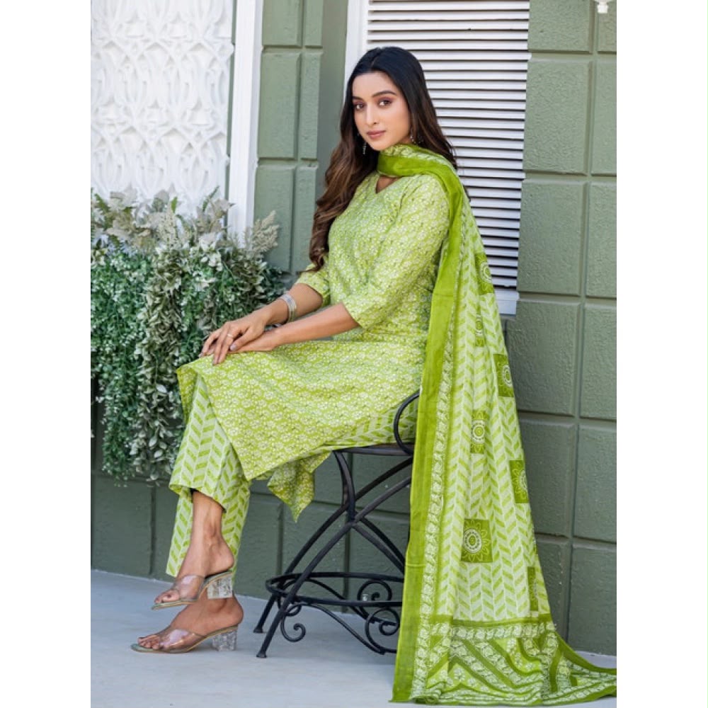 Lime Green Floral Kurta Set with Chevron Pants & Bandhani Dupatta