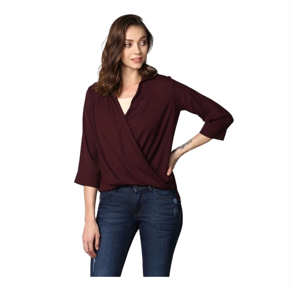 Maroon Wrap-Front Collared Top