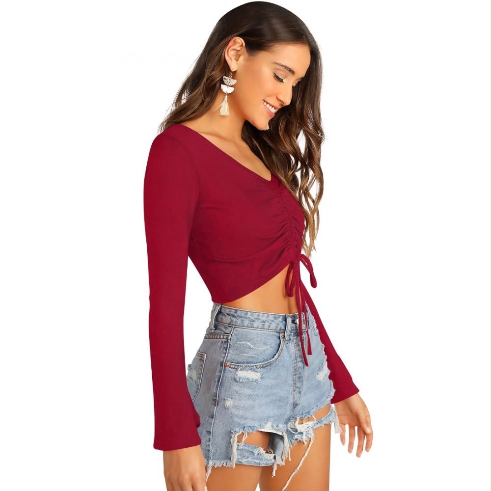 Maroon Ruched Drawstring Bell-Sleeve Crop Top