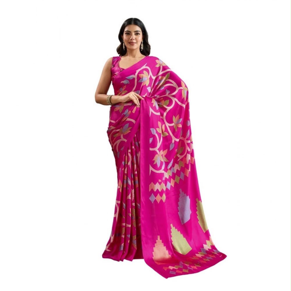 Vibrant Fuchsia Ajrakh Printed Satin Silk Saree