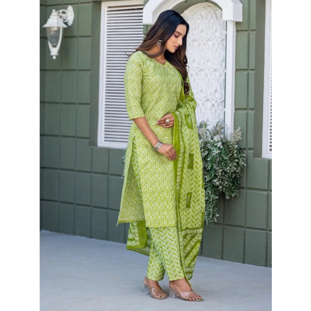 Lime Green Floral Kurta Set with Chevron Pants & Bandhani Dupatta
