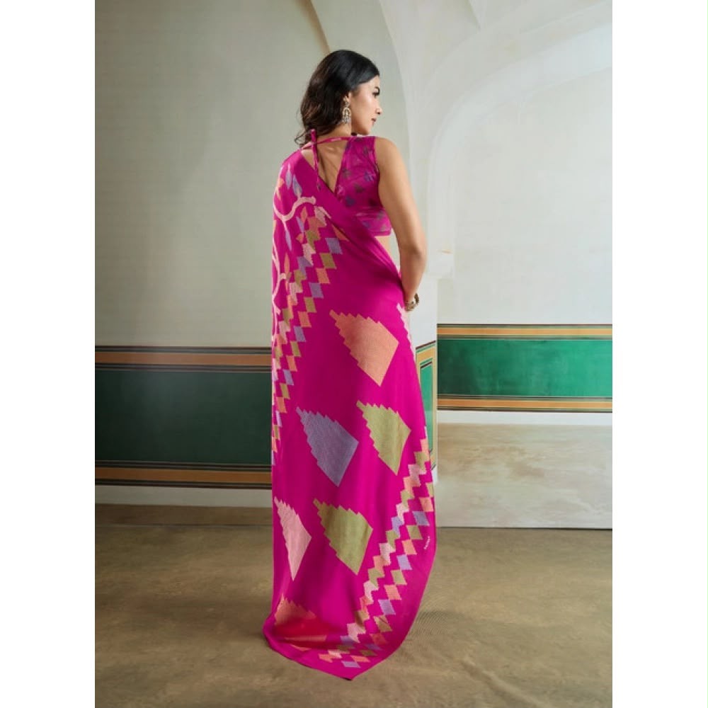 Vibrant Fuchsia Ajrakh Printed Satin Silk Saree