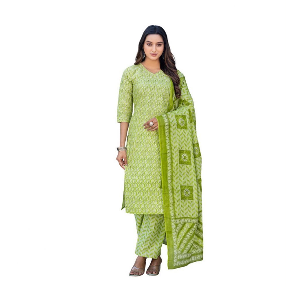 Lime Green Floral Kurta Set with Chevron Pants & Bandhani Dupatta