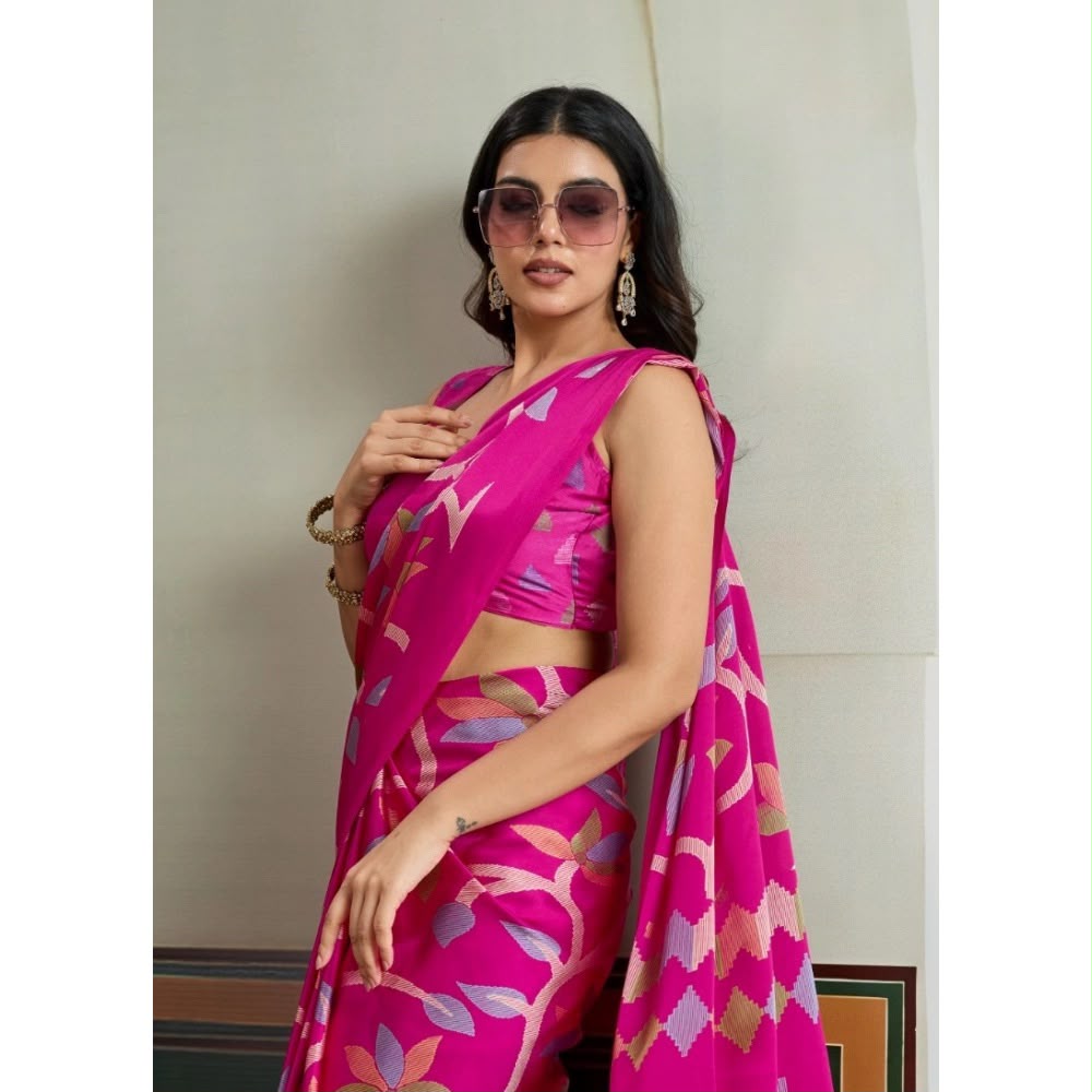 Vibrant Fuchsia Ajrakh Printed Satin Silk Saree
